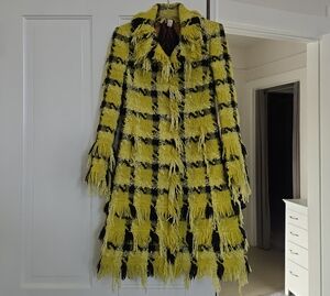 RARE Authentic Versace Yellow and Black Plaid Fringed Jacket 2004 Runway S 40